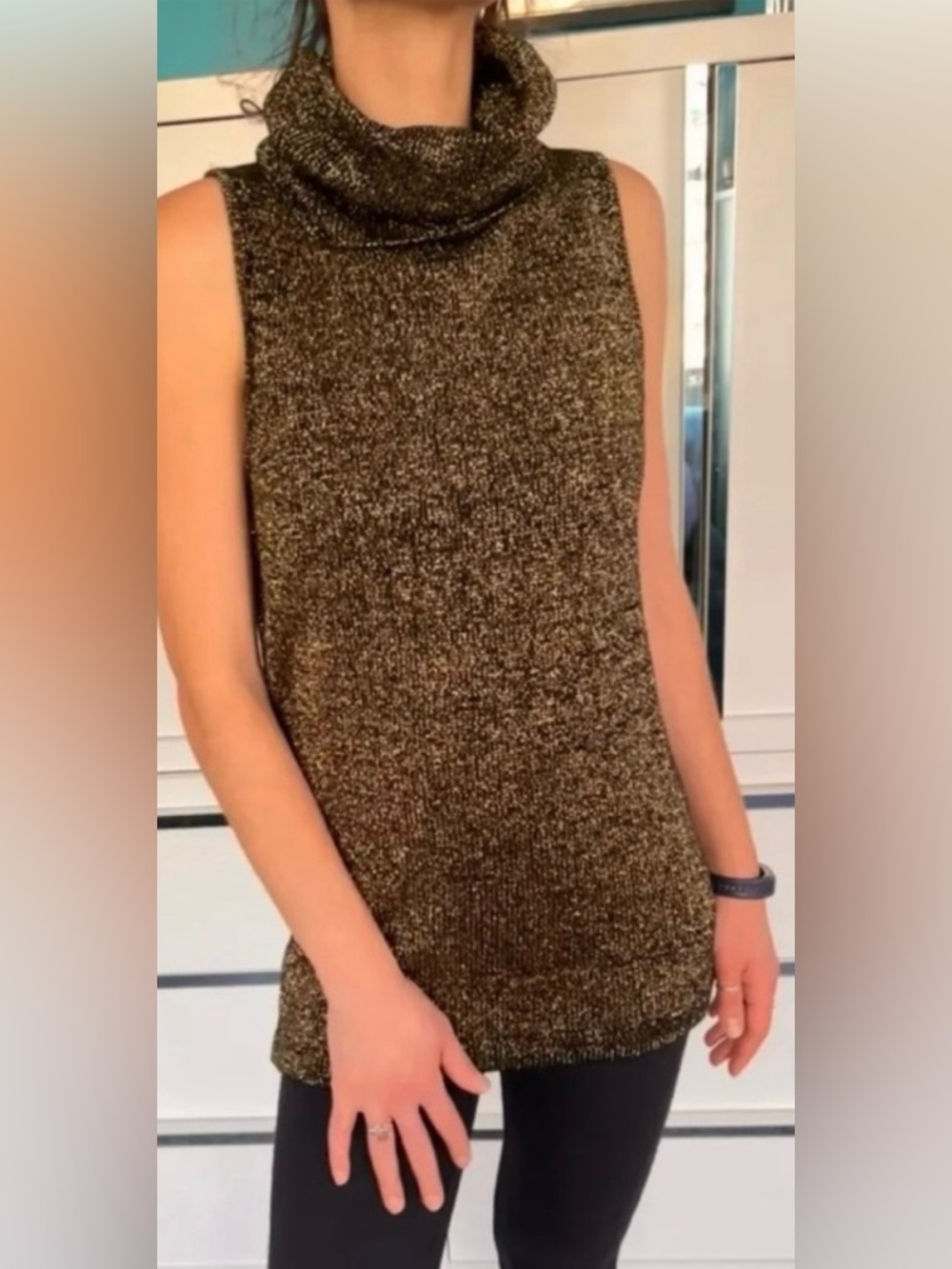 Vintage Black & Gold Metallic Knit Sleeveless Long Turtleneck Casual to festive